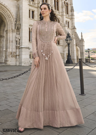 Pink & Brown Chinon Silk Anarkali Gown with Stylish Front and Back Embroidery