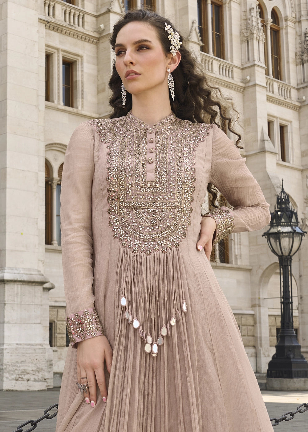 Pink & Brown Chinon Silk Anarkali Gown with Stylish Front and Back Embroidery