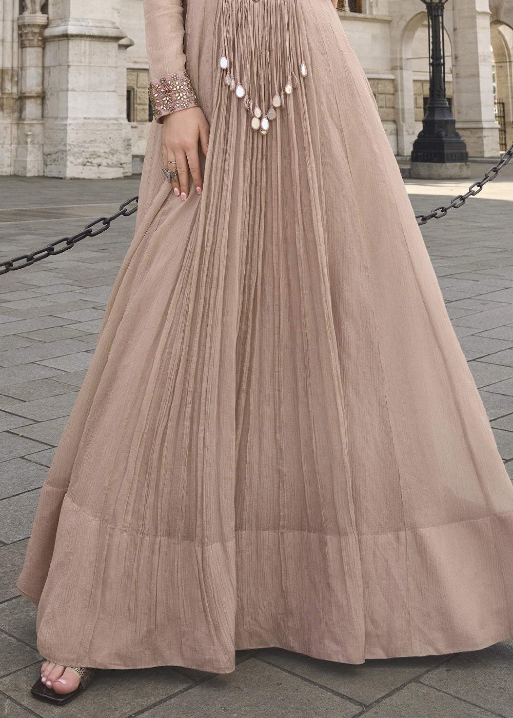Pink & Brown Chinon Silk Anarkali Gown with Stylish Front and Back Embroidery