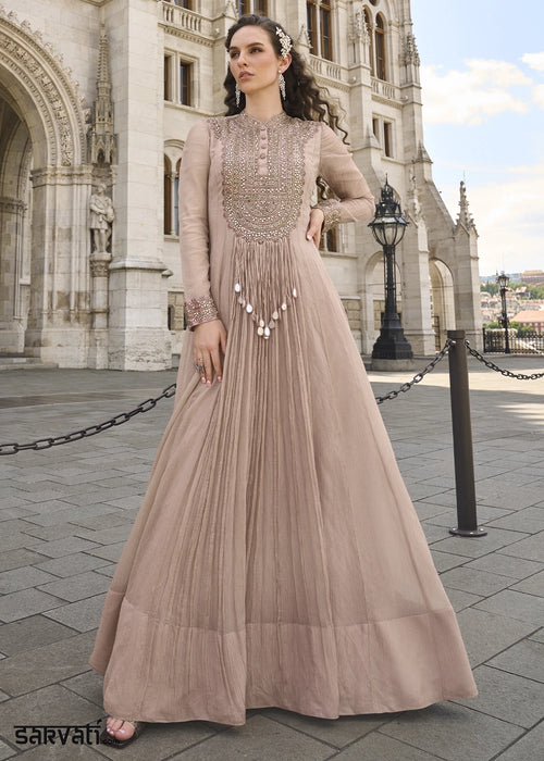 Pink & Brown Chinon Silk Anarkali Gown with Stylish Front and Back Embroidery