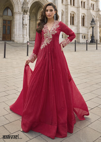 Cherry Red Chinon Silk Anarkali Gown with Stylish Front and Back Embroidery