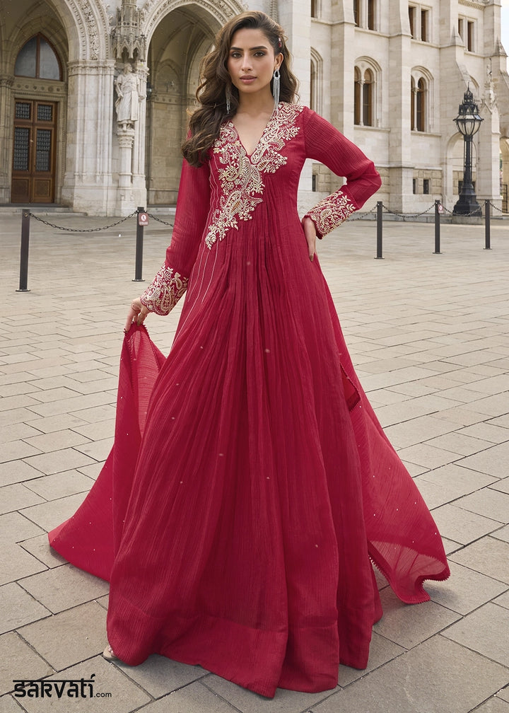 Cherry Red Chinon Silk Anarkali Gown with Stylish Front and Back Embroidery