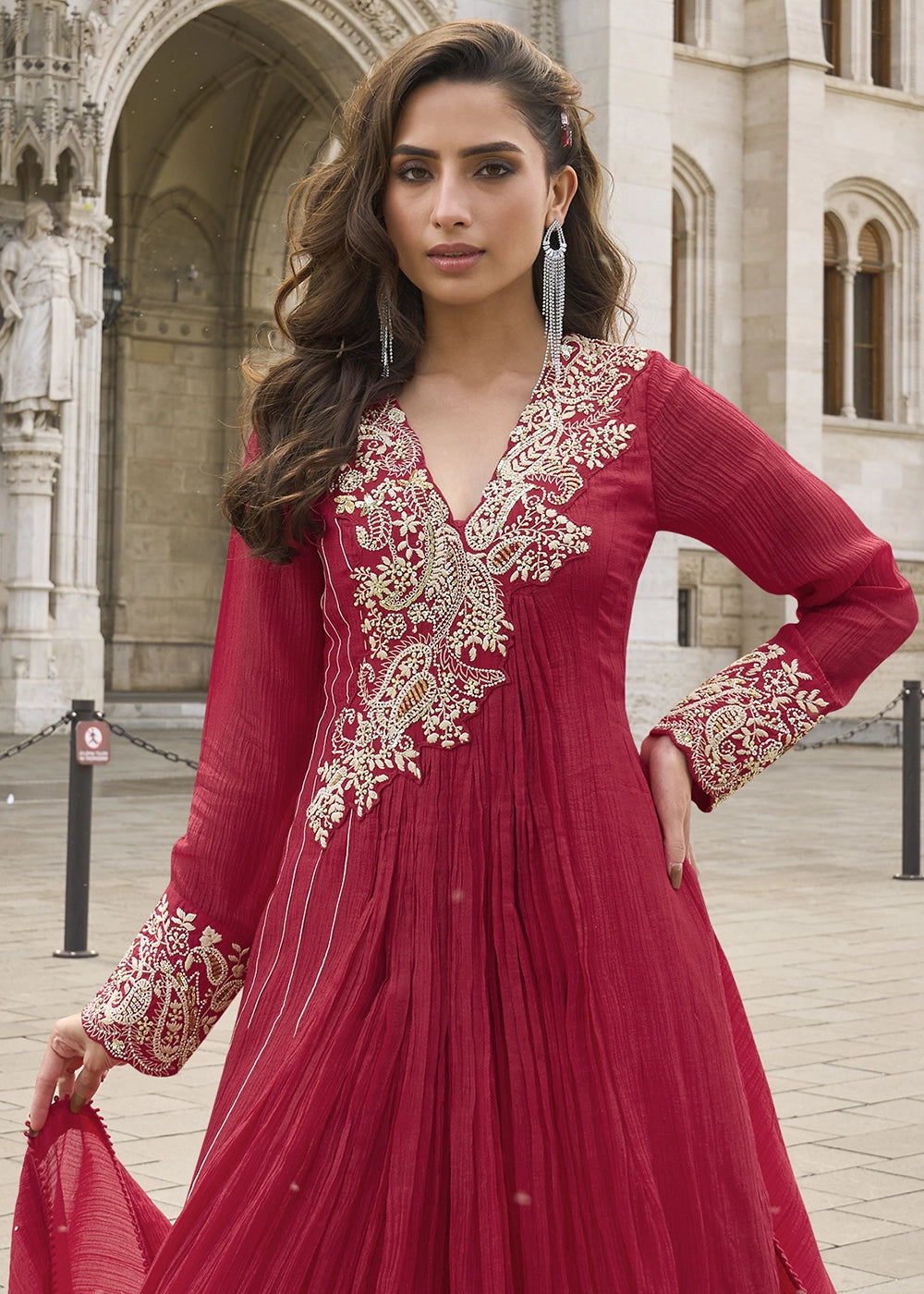 Cherry Red Chinon Silk Anarkali Gown with Stylish Front and Back Embroidery