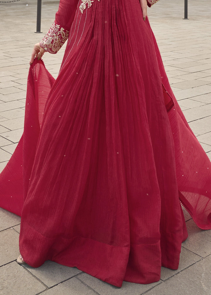 Cherry Red Chinon Silk Anarkali Gown with Stylish Front and Back Embroidery