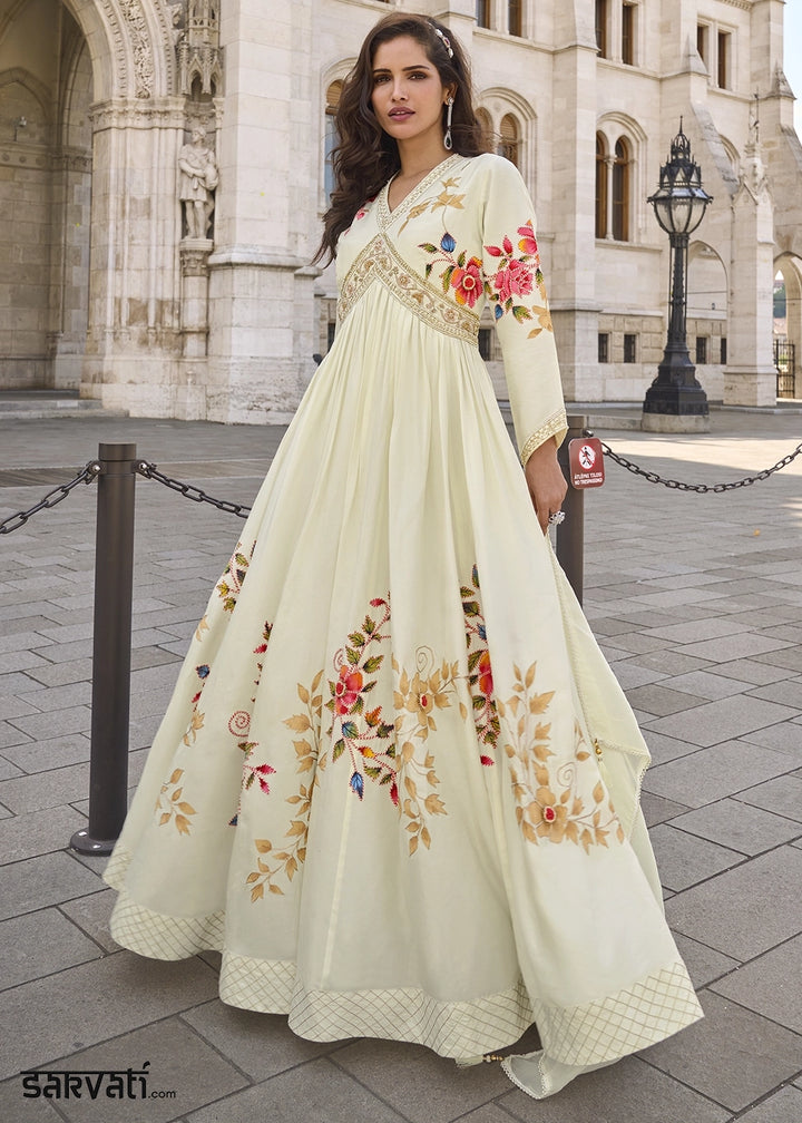 Cream White Chinon Silk Anarkali Gown with Stylish Front and Back Embroidery