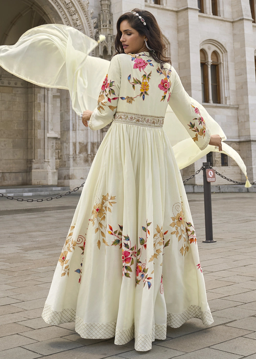 Cream White Chinon Silk Anarkali Gown with Stylish Front and Back Embroidery