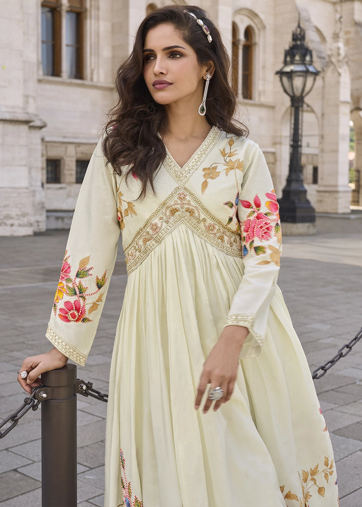 Cream White Chinon Silk Anarkali Gown with Stylish Front and Back Embroidery