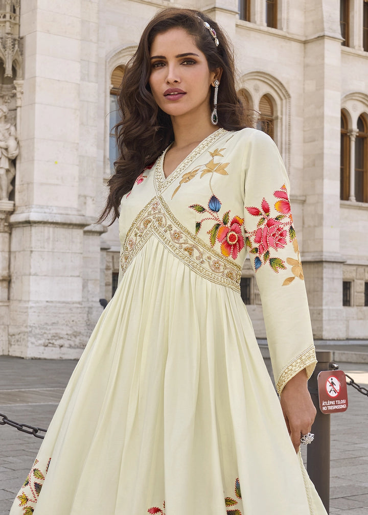 Cream White Chinon Silk Anarkali Gown with Stylish Front and Back Embroidery