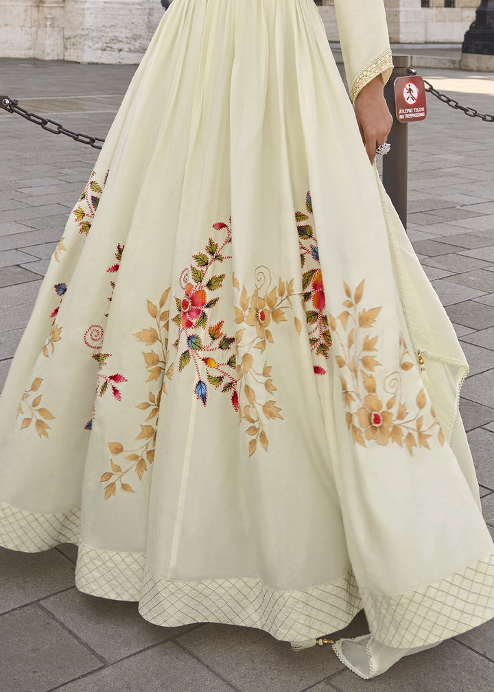 Cream White Chinon Silk Anarkali Gown with Stylish Front and Back Embroidery