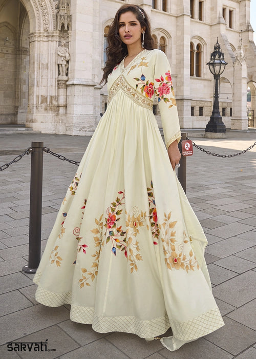 Cream White Chinon Silk Anarkali Gown with Stylish Front and Back Embroidery