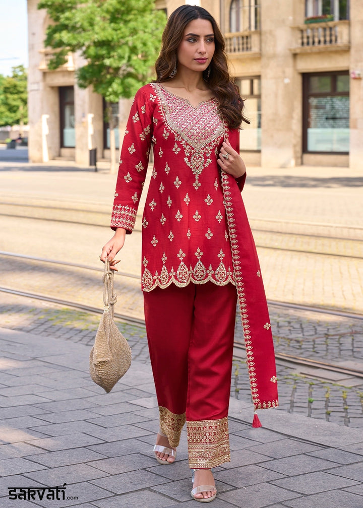 Scarlet Red Embroidered Silk Kurta Set with Dupatta