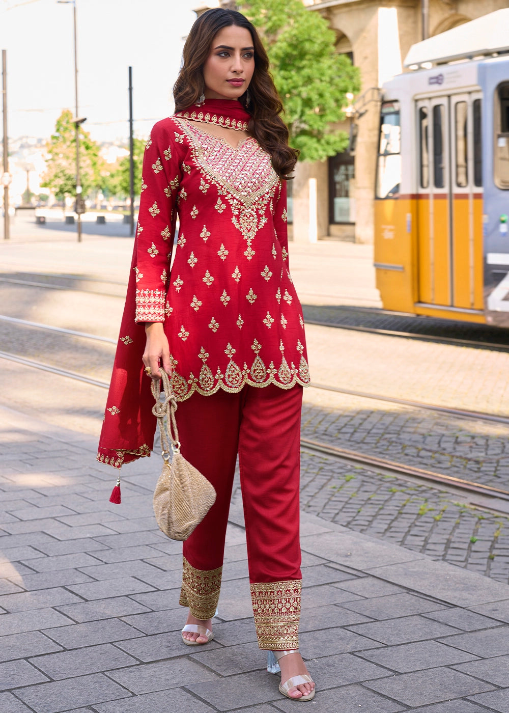 Scarlet Red Embroidered Silk Kurta Set with Dupatta