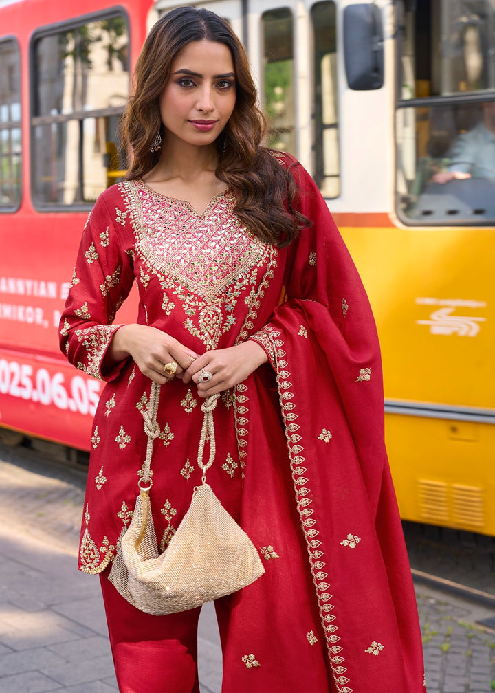Scarlet Red Embroidered Silk Kurta Set with Dupatta
