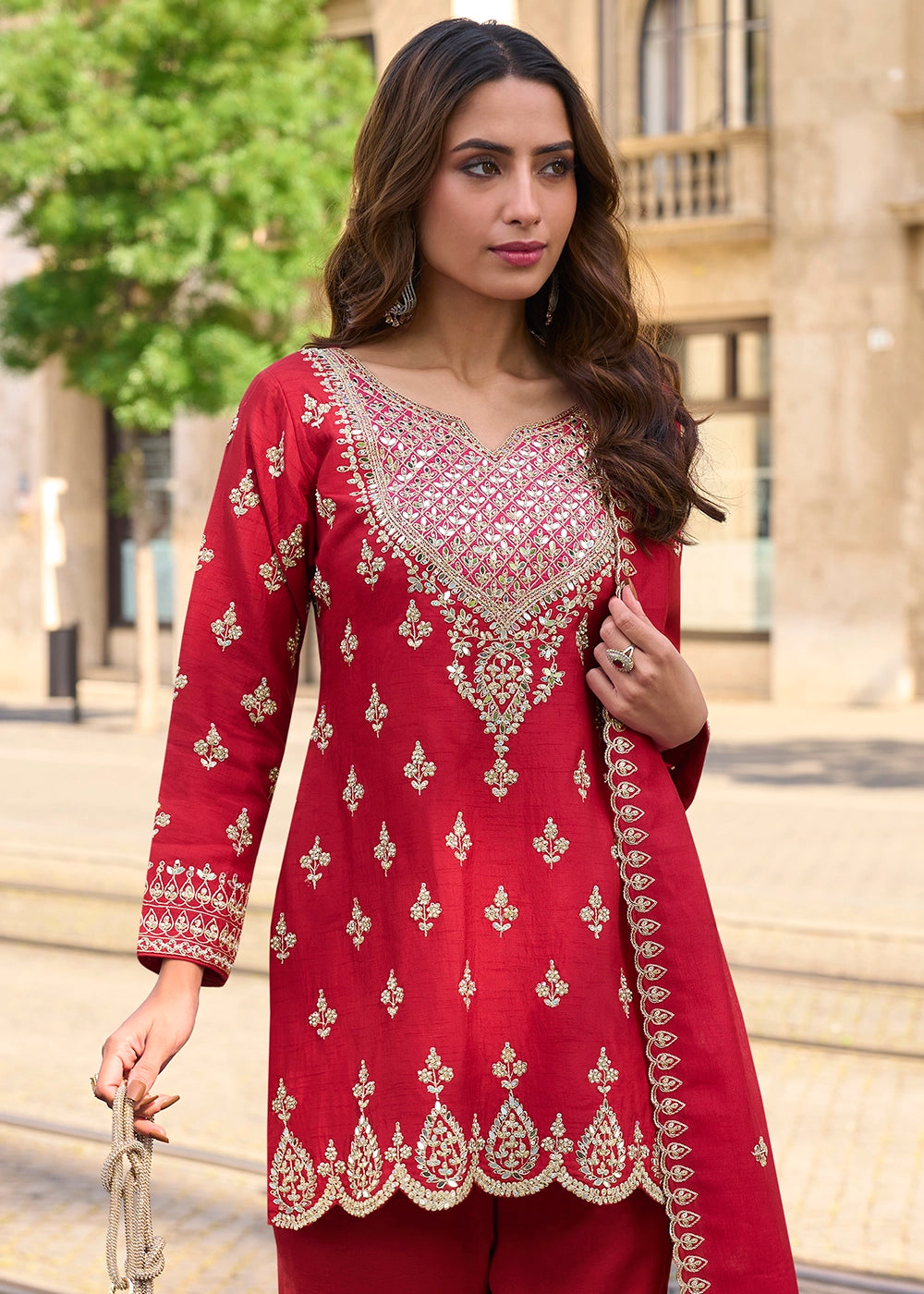 Scarlet Red Embroidered Silk Kurta Set with Dupatta