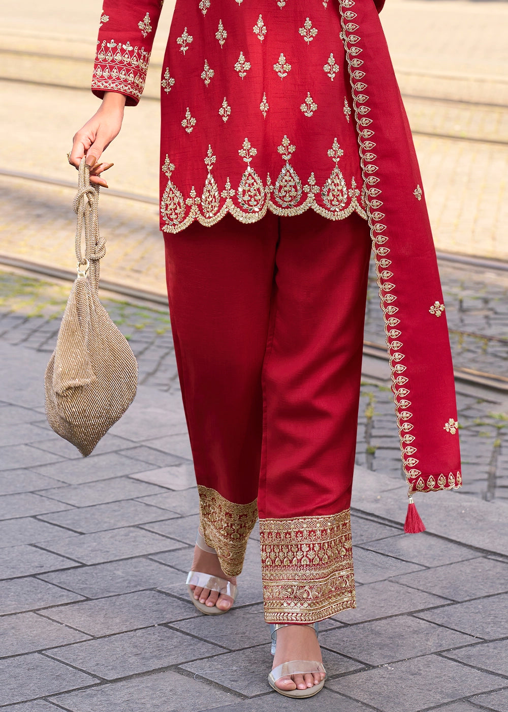 Scarlet Red Embroidered Silk Kurta Set with Dupatta
