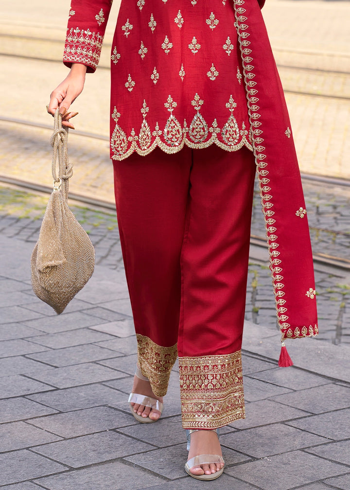 Scarlet Red Embroidered Silk Kurta Set with Dupatta