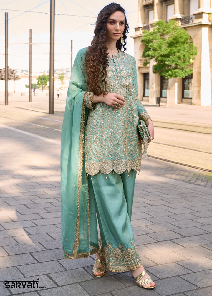 Mint Green Embroidered Silk Kurta Set with Dupatta