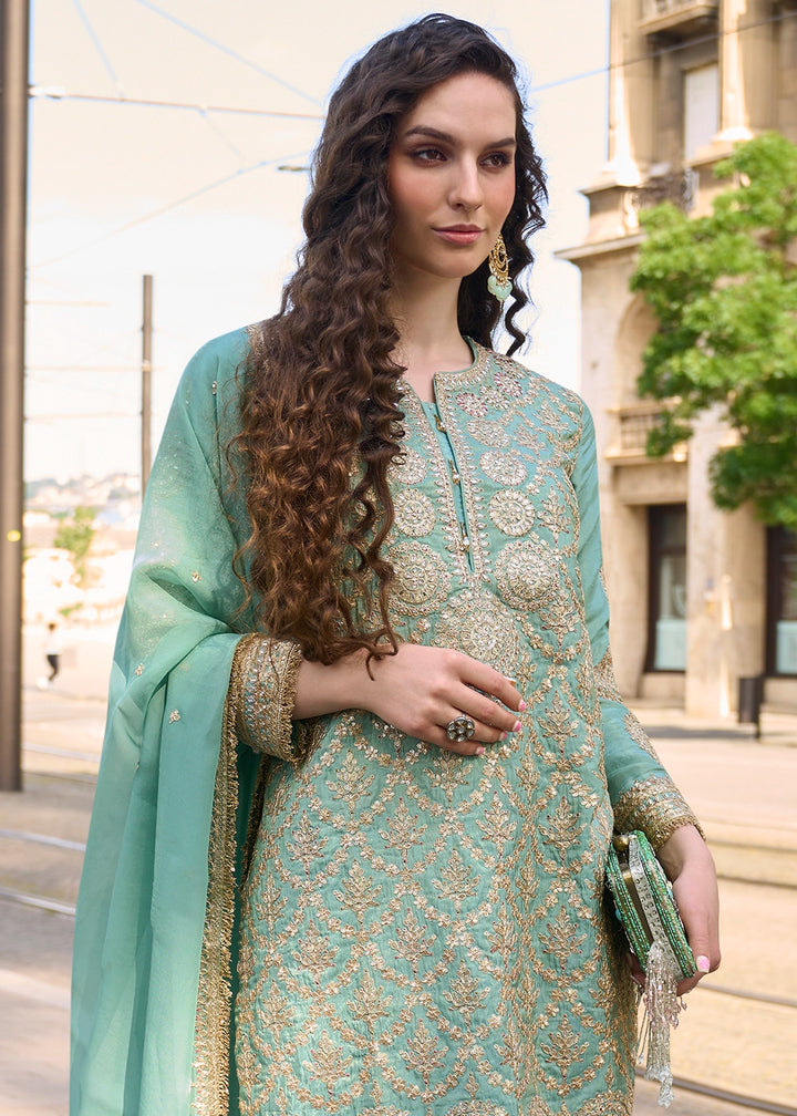 Mint Green Embroidered Silk Kurta Set with Dupatta