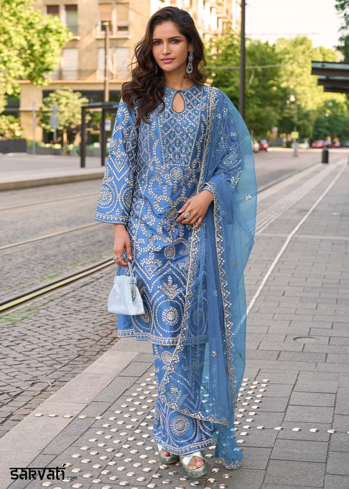 Azure Blue Embroidered Silk Kurta Set with Dupatta