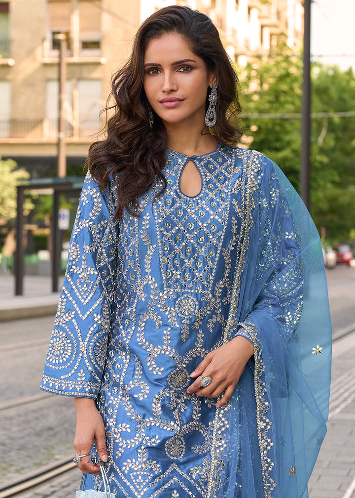 Azure Blue Embroidered Silk Kurta Set with Dupatta