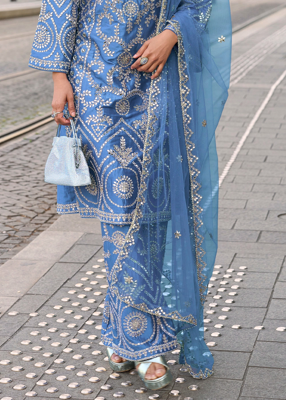Azure Blue Embroidered Silk Kurta Set with Dupatta