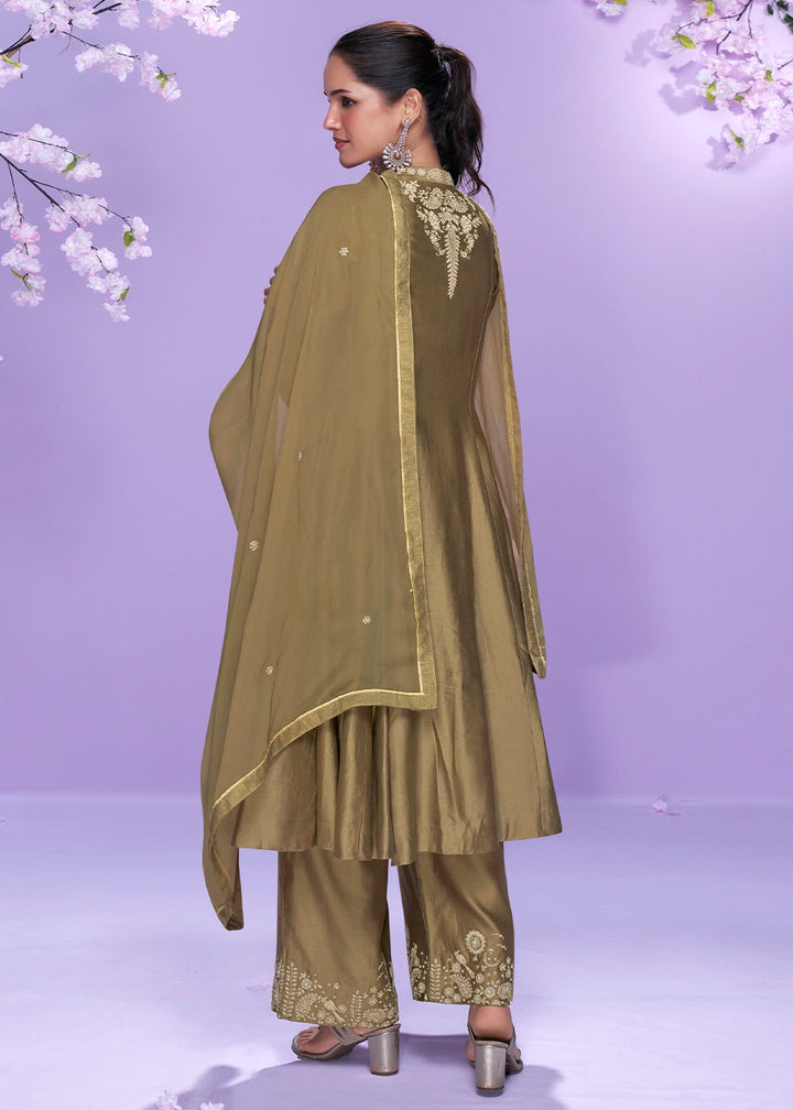 Metallic Brown Silk Palazzo Suit with Fine Thread Embroidery Design