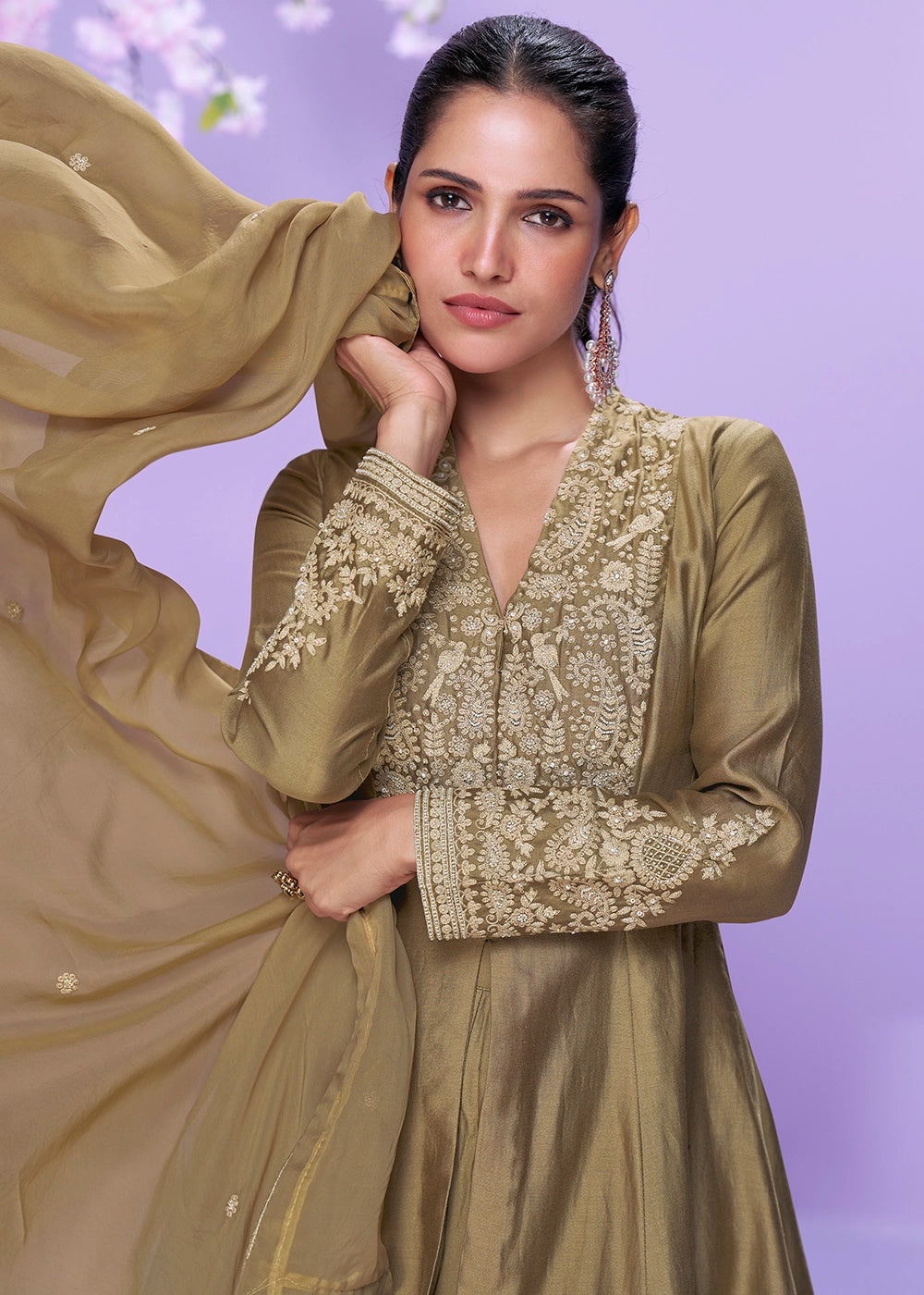 Metallic Brown Silk Palazzo Suit with Fine Thread Embroidery Design