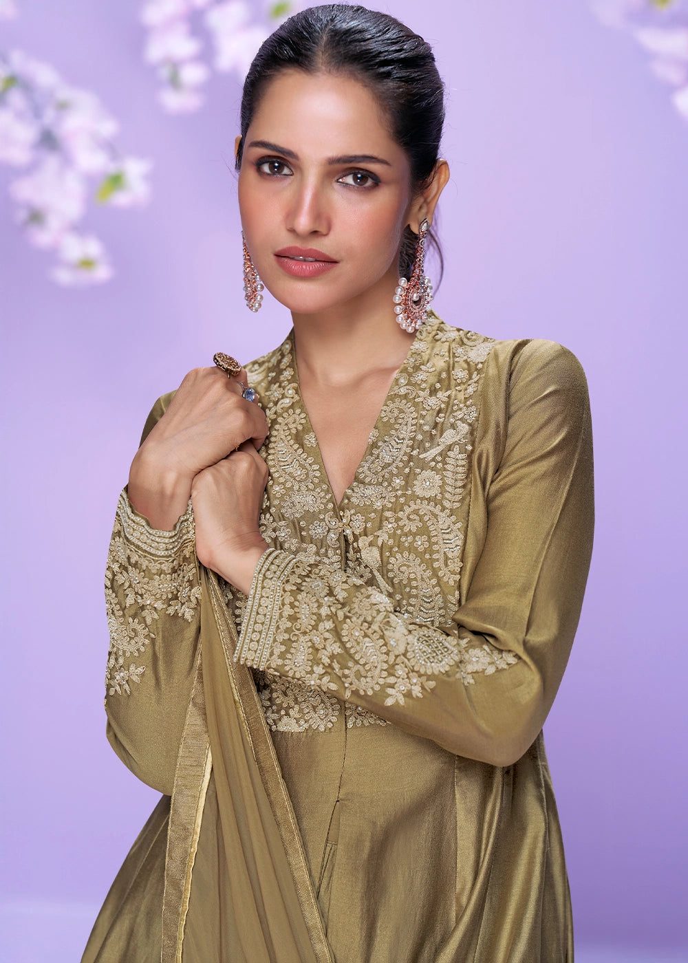 Metallic Brown Silk Palazzo Suit with Fine Thread Embroidery Design
