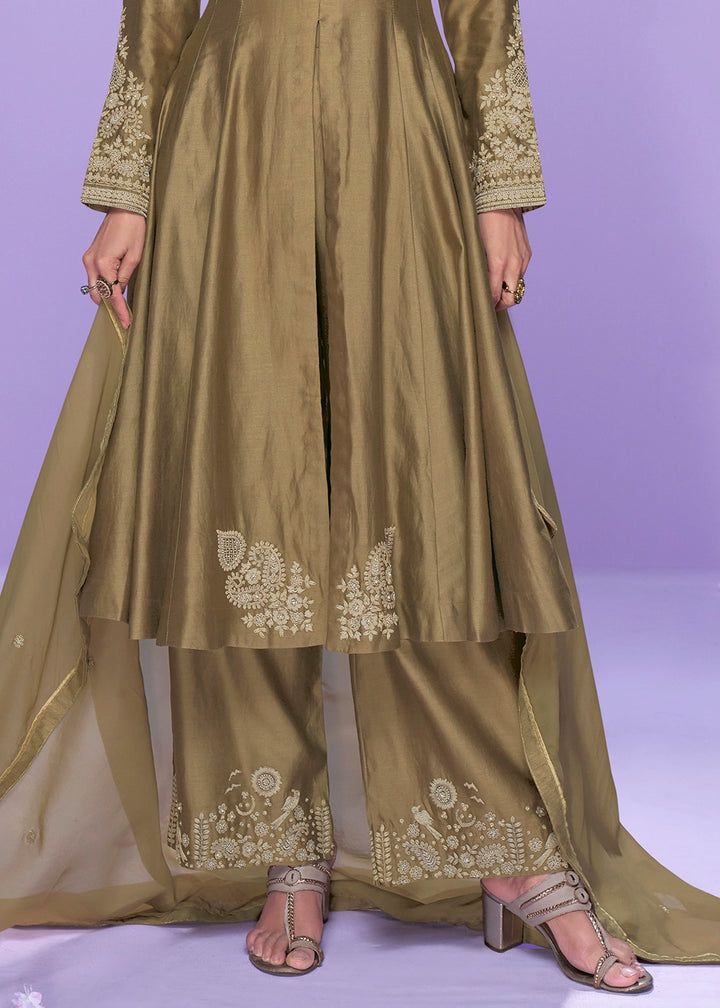Metallic Brown Silk Palazzo Suit with Fine Thread Embroidery Design