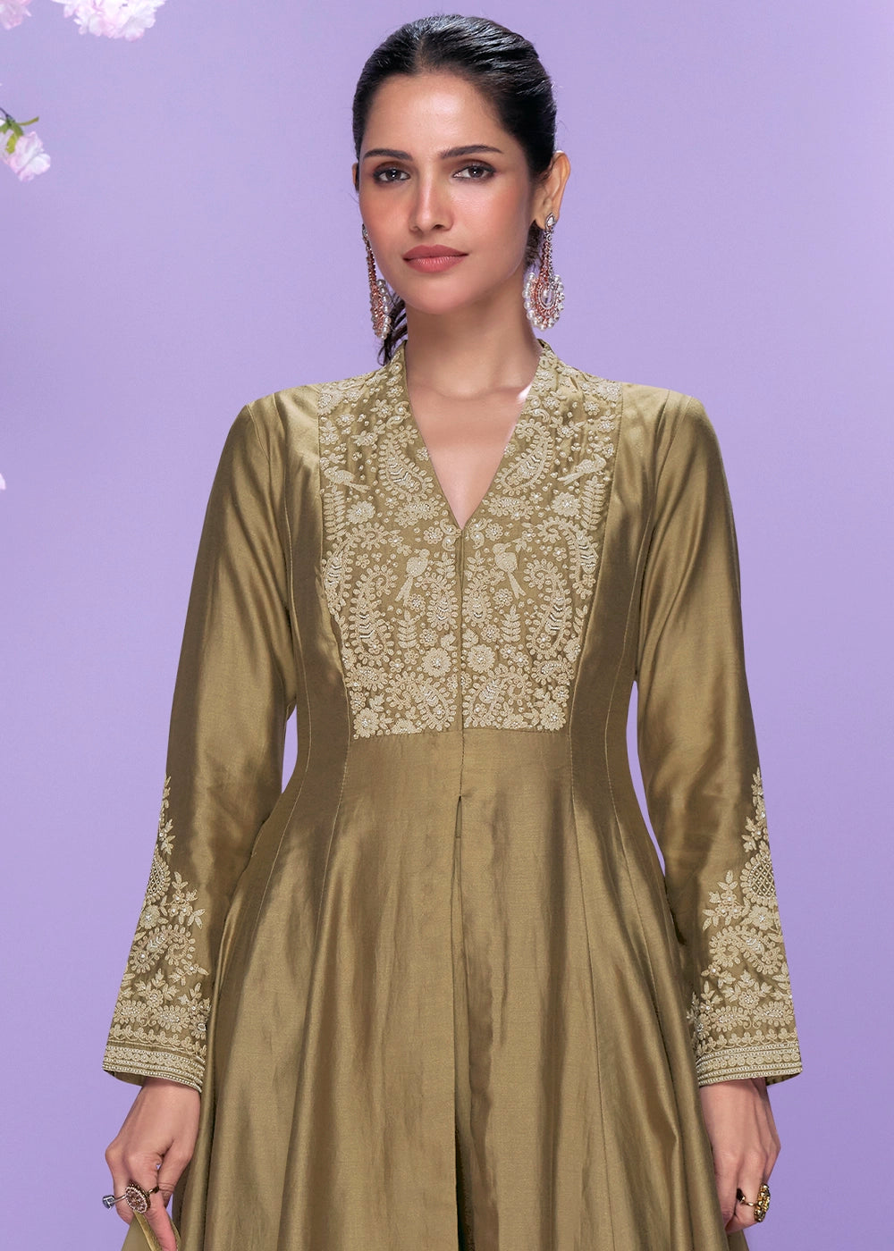 Metallic Brown Silk Palazzo Suit with Fine Thread Embroidery Design