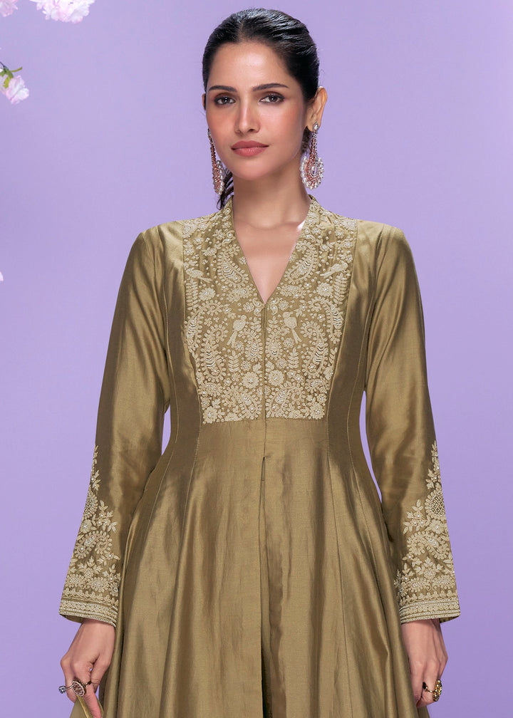 Metallic Brown Silk Palazzo Suit with Fine Thread Embroidery Design