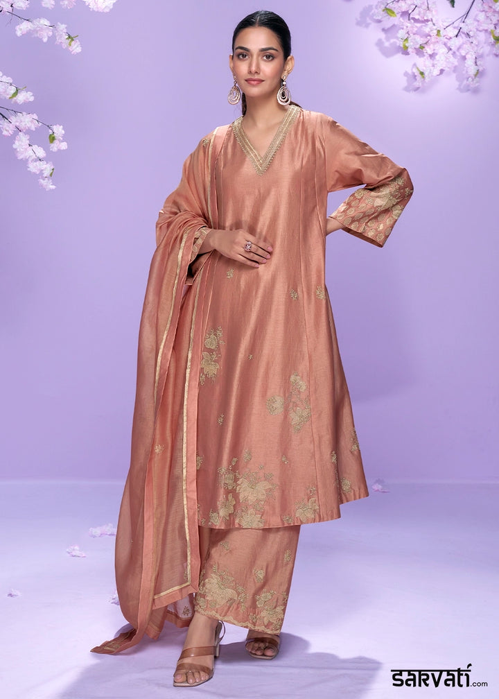Fiery Rose Pink Silk Palazzo Suit with Fine Thread Embroidery Design