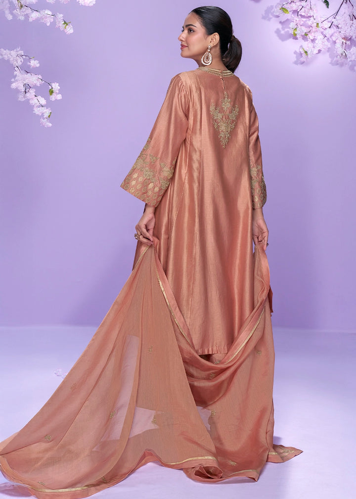 Fiery Rose Pink Silk Palazzo Suit with Fine Thread Embroidery Design