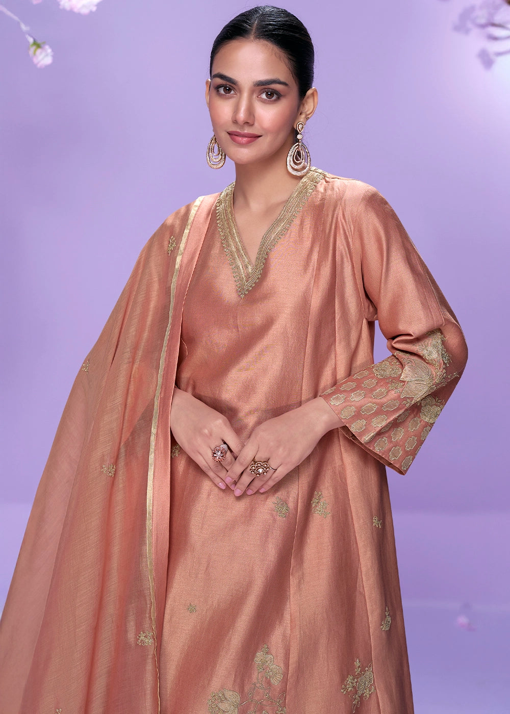 Fiery Rose Pink Silk Palazzo Suit with Fine Thread Embroidery Design