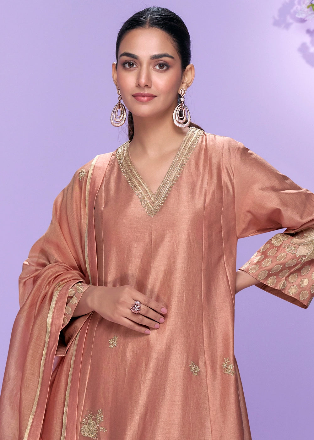 Fiery Rose Pink Silk Palazzo Suit with Fine Thread Embroidery Design