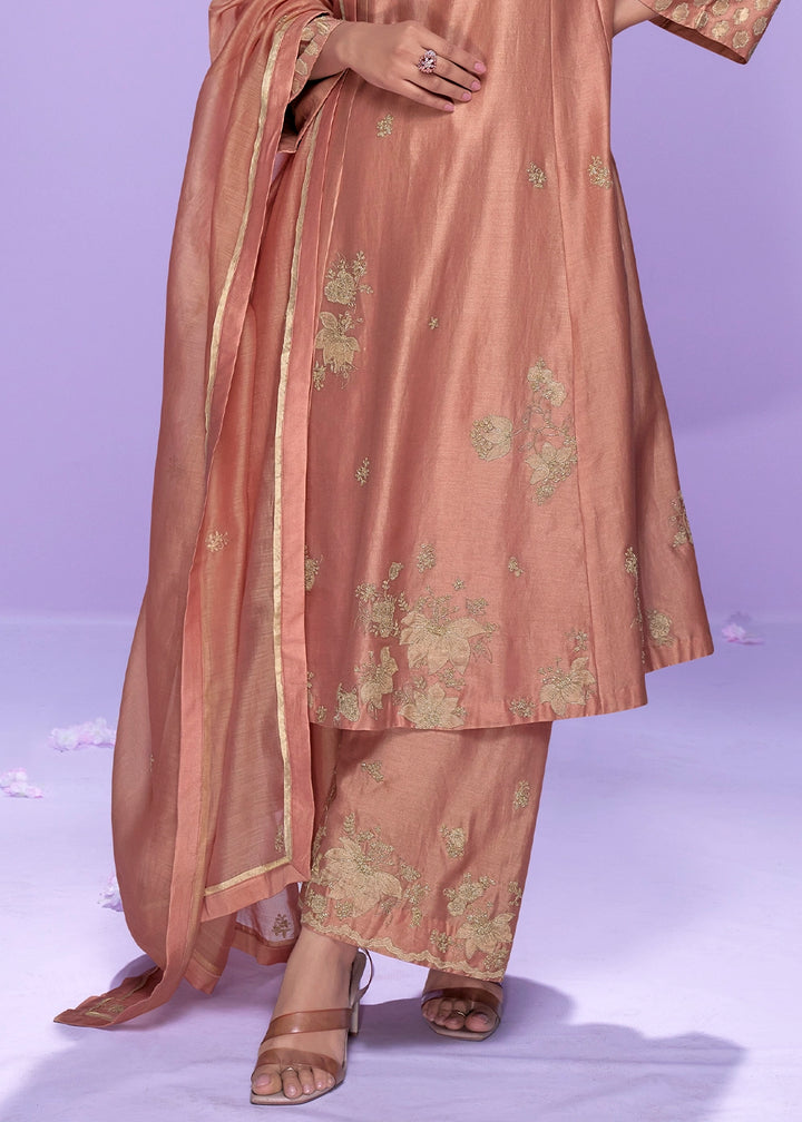 Fiery Rose Pink Silk Palazzo Suit with Fine Thread Embroidery Design