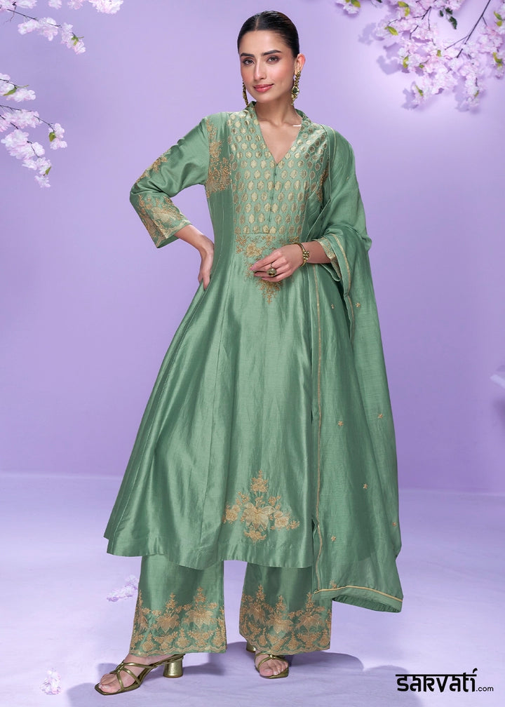 Cool Green Silk Palazzo Suit with Fine Thread Embroidery Design