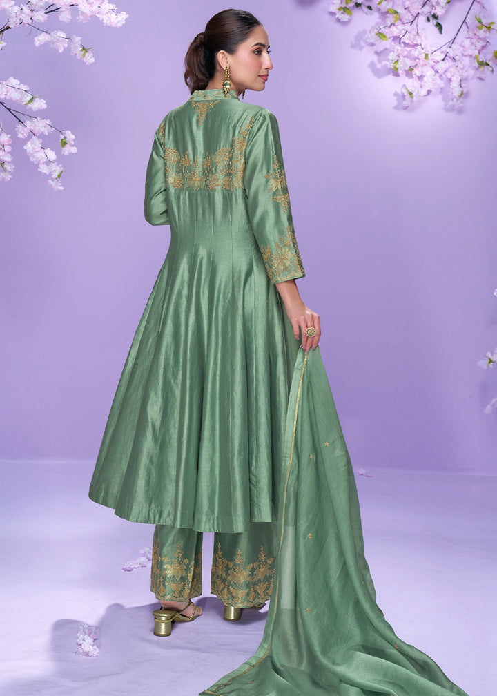 Cool Green Silk Palazzo Suit with Fine Thread Embroidery Design