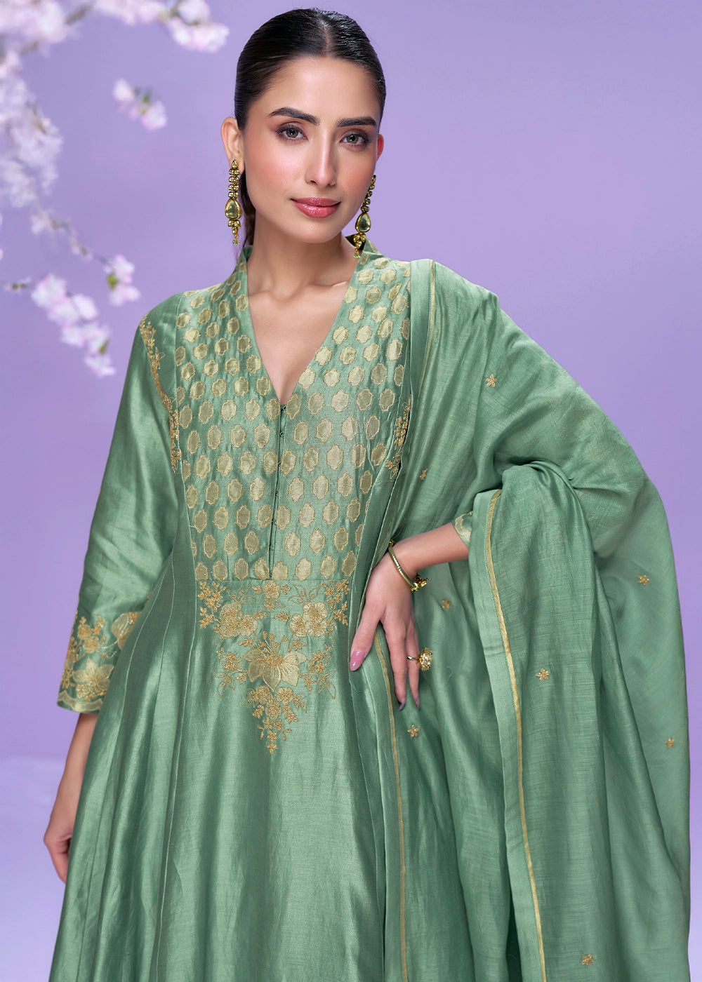 Cool Green Silk Palazzo Suit with Fine Thread Embroidery Design