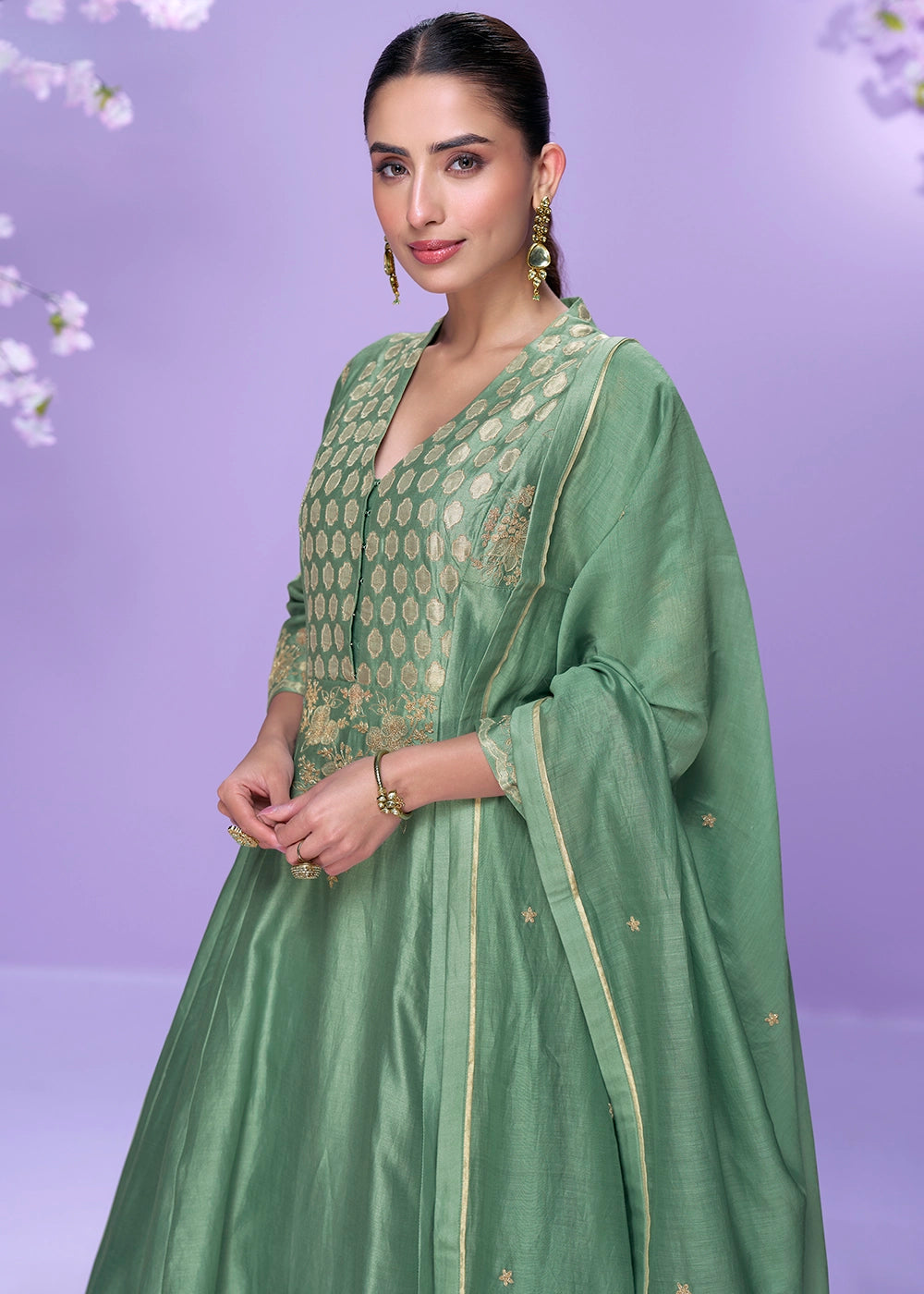 Cool Green Silk Palazzo Suit with Fine Thread Embroidery Design