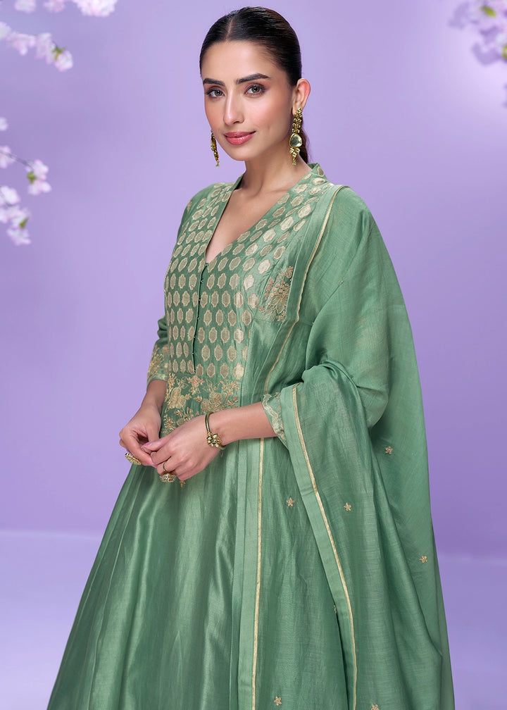 Cool Green Silk Palazzo Suit with Fine Thread Embroidery Design