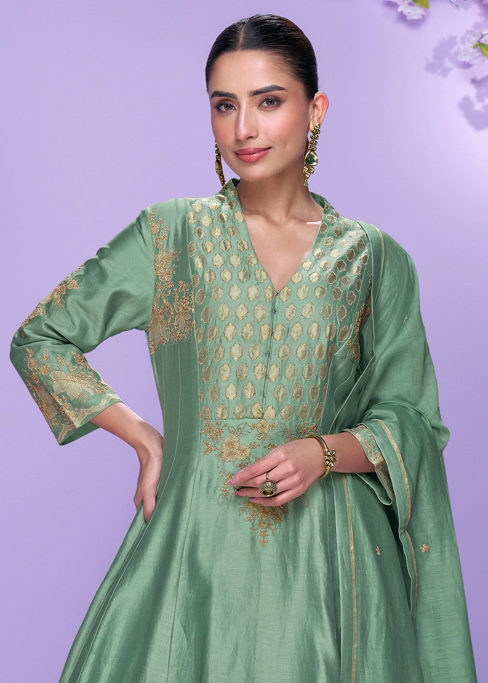 Cool Green Silk Palazzo Suit with Fine Thread Embroidery Design