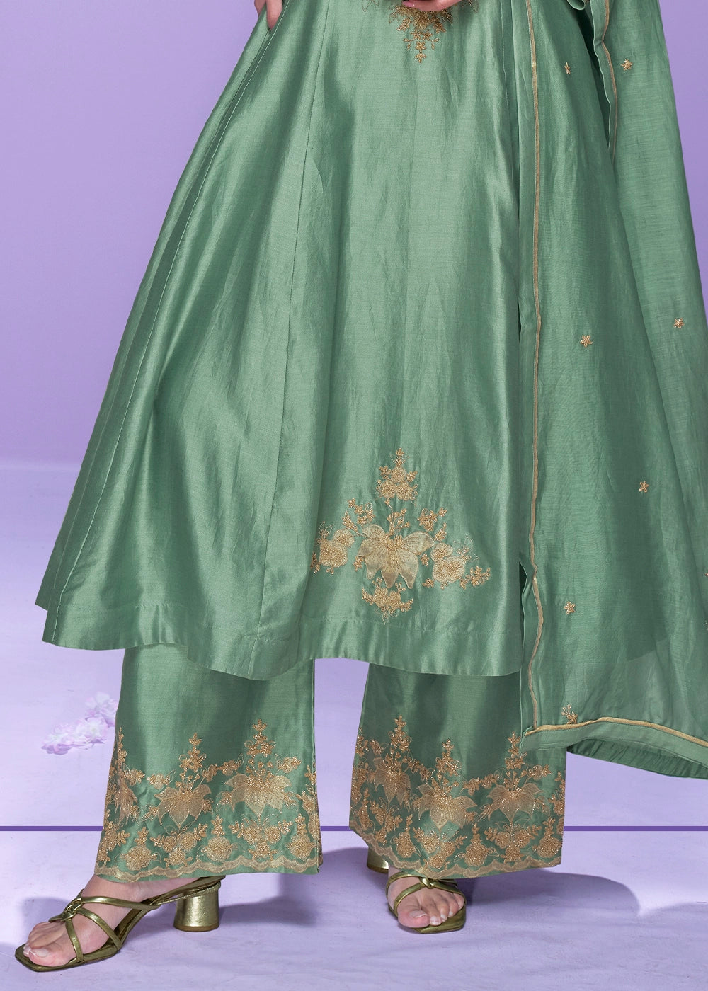 Cool Green Silk Palazzo Suit with Fine Thread Embroidery Design