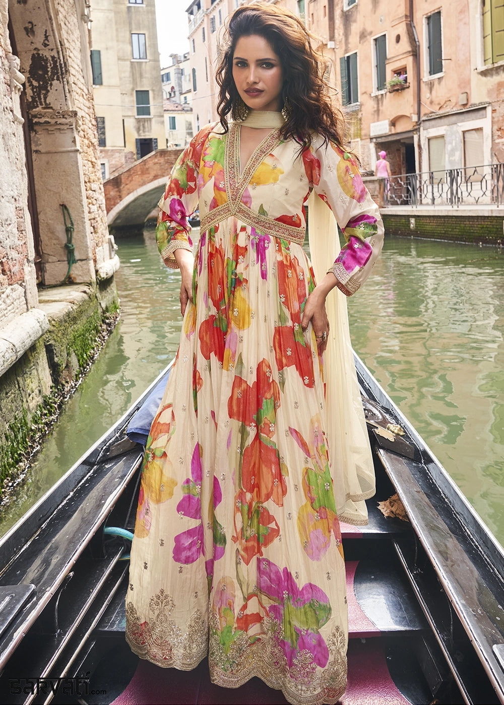 Cream White Floral Embroidered Chinon Silk Anarkali Dress