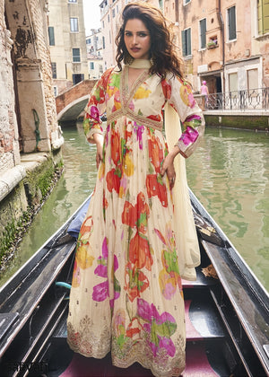 Cream White Floral Embroidered Chinon Silk Anarkali Dress
