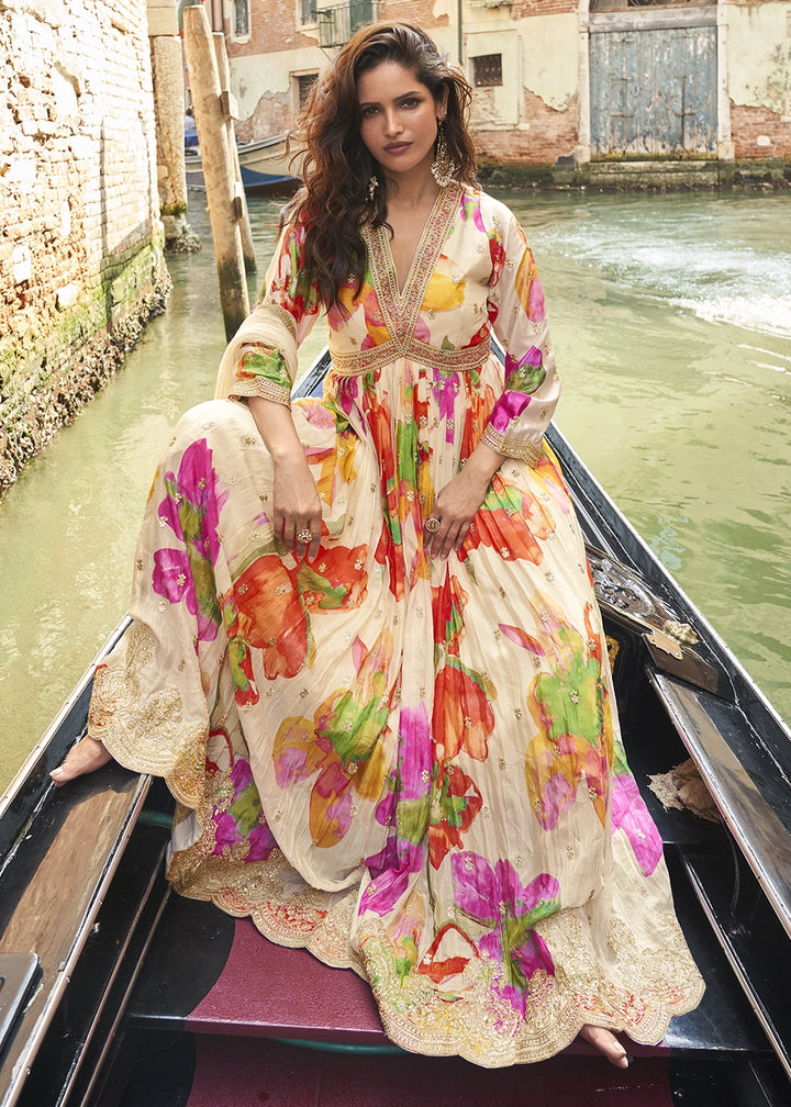 Cream White Floral Embroidered Chinon Silk Anarkali Dress
