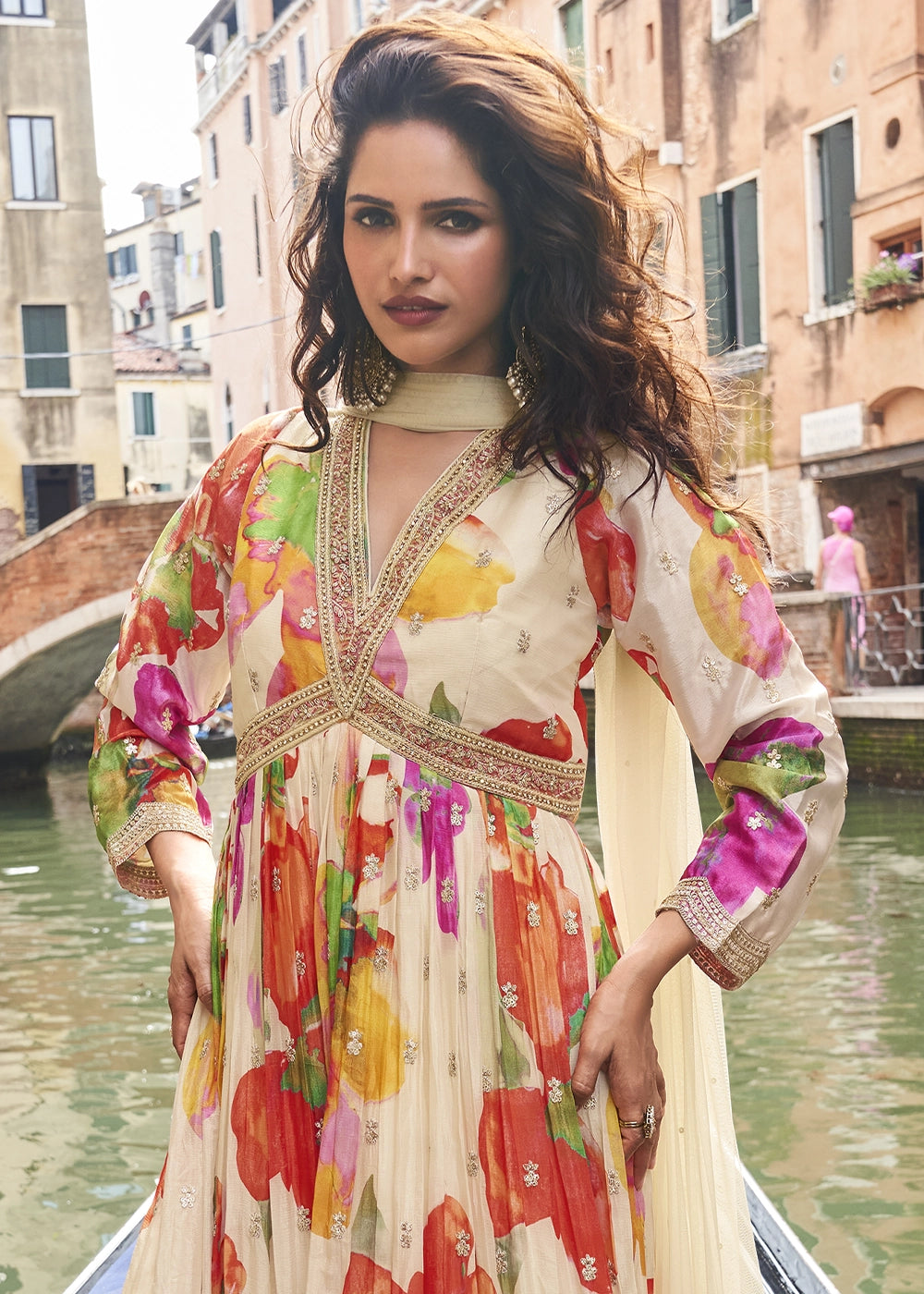 Cream White Floral Embroidered Chinon Silk Anarkali Dress