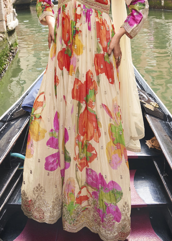 Cream White Floral Embroidered Chinon Silk Anarkali Dress