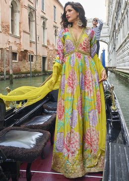 Pear Green Floral Embroidered Chinon Silk Anarkali Dress