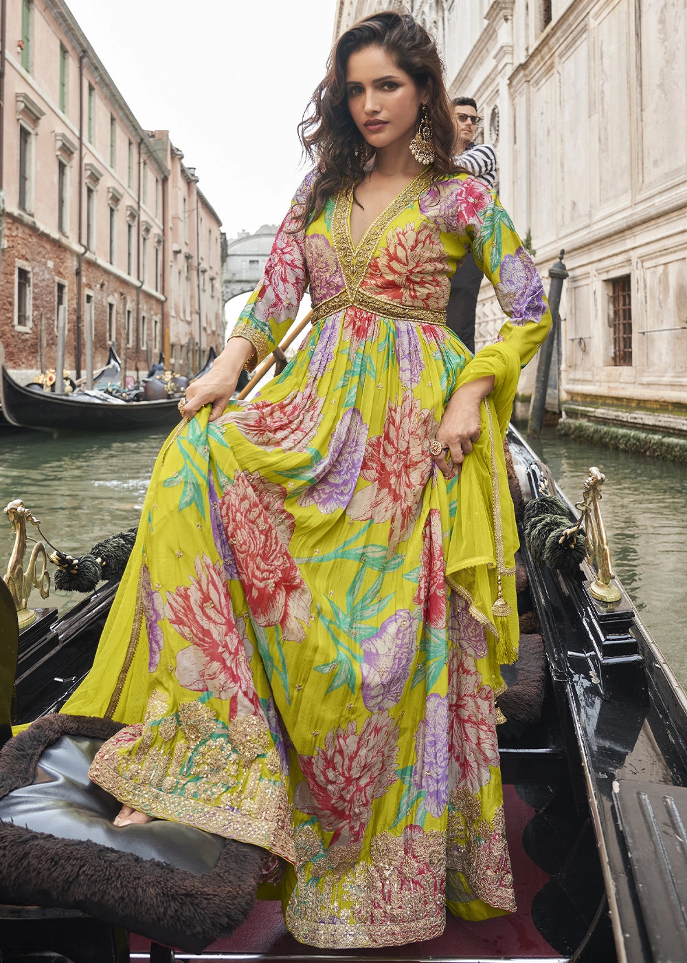 Pear Green Floral Embroidered Chinon Silk Anarkali Dress